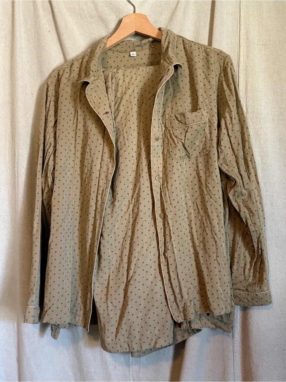 Rayon Mustard Beige Button-Up Pajama Set with Subtle Green Stars Pattern